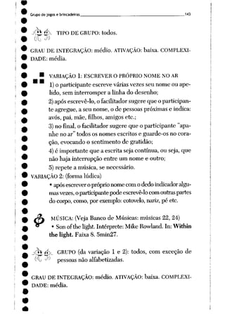Grupode jogos e brincadeiras 143
J<tj£k TIPO DE GRUPO: todos.
GRAU DE INTEGRAÇÃO: médio. ATIVAÇÃO: baixa. COMPLEXI
DADE: média.
• VARIAÇÃO 1: ESCREVER OPRÓPRIO NOME NO AR
1) o participante escreve várias vezes seu nome ou ape
lido, sem interromper a linha do desenho;
2)após escrevê-lo, ofacilitadorsugere que o participan
te agregue, a seu nome, o de pessoas próximas e indica:
avós, pai, mãe, filhos, amigos etc;
3)no final, o facilitador sugere que o participante "apa
nhe no ar" todos os nomes escritos e guarde-os no cora
ção, evocandoo sentimento de gratidão;
4) é importante que a escrita seja contínua, ou seja, que
não haja interrupção entre um nome e outro;
5) repete a música, se necessário.
VARIAÇÃO 2: (formalúdica)
• após escreveropróprio nome com odedo indicadoralgu
mas vezes, oparticipante podeescrevê-lo comoutras partes
docorpo, como, por exemplo: cotovelo, nariz, pé etc.
MÚSICA: (Veja Banco de Músicas: músicas 22, 24)
Sonofthelight. Intérprete: Mike Rowland. In:Within
the light. Faixa 8. 5min27.
&:
^/Tt -íf^ GRUPO (da variação 1 e 2): todos, com exceção de
(A> -^ pessoas não alfabetizadas.
GRAU DE INTEGRAÇÃO: médio. ATIVAÇÃO: baixa. COMPLEXI
DADE: média.
 