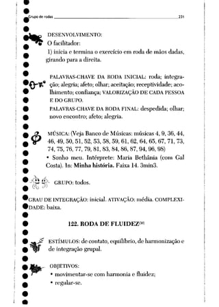 Grupo de rodas 231
•>*
&
DESENVOLVIMENTO:
^ O facilitador:
1) inicia e termina o exercício em roda de mãos dadas,
girando para a direita.
PALAVRAS-CHAVE DA RODA INICIAL: roda; integra
ção; alegria; afeto; olhar; aceitação; receptividade; aco
lhimento; confiança; VALORIZAÇÃO DE CADA PESSOA
E DO GRUPO.
PALAVRAS-CHAVE DA RODA FINAL: despedida; olhar;
novo encontro; afeto; alegria.
MÚSICA: (Veja Banco de Músicas: músicas 4, 9, 36, 44,
46, 49, 50, 51, 52, 53, 58, 59, 61, 62, 64, 65, 67, 71, 73,
74, 75, 76, 77, 79, 81, 83, 84, 86, 87, 94, 96, 98)
• Sonho meu. Intérprete: Maria Bethânia (com Gal
Costa). In: Minha história. Faixa 14. 3min3.
•^íí©^ GRUPO: todos.
OU lJ-)
GRAU DE INTEGRAÇÃO: inicial. ATIVAÇÃO: média. COMPLEXI
DADE: baixa.
122. RODA DE FLUIDEZ<3«)
ESTÍMULOS: de contato, equilíbrio, de harmonização e
de integração grupai.
^ OBJETIVOS:
movimentar-se com harmonia e fluidez;
regular-se.
 