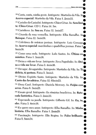 246 Bancode músicaw
<5,)) Canta, canta, minha gente. Intérprete: Martinho da Vila. In^
Acervo especial: Martinho da Vila. Faixa 1. 2min33. ^
(51> CarinhodoCarimbo.Intérprete: ChicoCésar. In: Sem limW
te: Chico César. CD 1. Faixa 14. 3m. m
í52) Carinhoso. In: Sou eu. Faixa 12. Imin57. A
W) Ciranda da rosa vermelha. Intérprete: Elba Ramalho. ti—
Baioque. Faixa 12. 3min58. ^
(54> Coletânea de músicas juninas. Intéiprete: Luiz Gonzaga^
In: Acervo especial: marchinhas equadrilhas juninas. Faixa 1^
8min38. _
(55) Como uma onda. Intérprete: Lulu Santos. In: Último ro-^
mântico. Faixa 1. 3min38. _^
9
WDeixaa vidame levar. Intérprete: ZecaPagodinho. In: Dei-^
xa avida melevar. Faixa 3. 4min36. ^
<57> Devagar, devagarinho. Intérprete: Martinho da Vila. In: Tá^
delícia, tá gostoso. Faixa 5. 3min3. ^
m Divino Espírito Santo. Intérprete: Martinho da Vila. In:^
Canto das lavadeiras. Faixa 12. 03min23. ~
(59' Dona Cano. Intérprete: Daniela Mercury. In: Feijão com^
arroz. Faixa 6. 3min25.
(6(l» Ensaio geral. Intérprete: Os ritmistas brasileiros. In: Batu-^
cada fantástica. Faixa 3. 2min33. _
<fil> Esperando na janela. Intérprete: Gilberto Gil. In: Eu, tu,^
eles. Faixa 3. 4minl6.
(fâ) Eu quero meu amor. Intérprete: Elba Ramalho. In: Minha ^
história. Elba Ramalho. Faixa 1. 2min29. -
<63) Fascinação. Intérprete: Elis Regina. In: Falso brilhante. ^
Faixa 5. 5min34. ___
 
