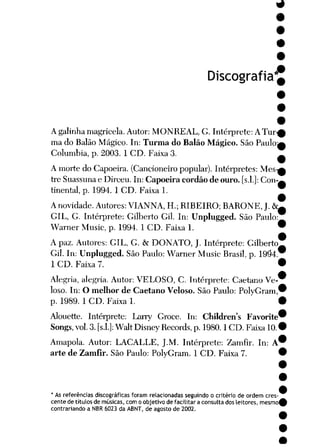 9
9
9
Discografia
Agalinhamagricela. Autor: MONREAL, G. Intérprete: ATur
ma do Balão Mágico. In: Turma do Balão Mágico. São Paulo
Columbia, p. 2003. 1 CD. Faixa 3.
A morte do Capoeira. (Cancioneiro popular). Intérpretes: Mes
tre Suassuna e Dirceu. In: Capoeira cordão de ouro. [s.l.]: Con
tinental, p. 1994. 1 CD. Faixa 1.
Anovidade. Autores: VIANNA, H.; RIBEIRO; BARONE, J. &T
GIL, G. Intérprete: Gilberto Gil. In: Unplugged. São Paulo
Warner Music, p. 1994. 1 CD. Faixa 1.
A paz. Autores: GIL, G. & DONATO, J. Intérprete: Gilberto
Gil. In: Unplugged. SãoPaulo: Warner Music Brasil, p. 19Ô4
1 CD. Faixa 7.
Alegria, alegria. Autor: VELOSO, C. Intérprete: Caetano Ve
loso. In: O melhor de Caetano Veloso. SãoPaulo: PolyGram
p. 1989. 1 CD. Faixa 1.
Alouette. Intérprete: Larry Groce. In: Children's Favorite'
Songs,vol. 3.[s.I.]: Walt Disney Records,p. 1980.1 CD. Faixa10
Amapola. Autor: LACALLE, J.M. Intérprete: Zamfir. In: Á
arte de Zamfir. São Paulo: PolyGram. 1 CD. Faixa 7.
*As referências discográficas foram relacionadas seguindo o critério de ordem crês
cente de títulos de músicas, com o objetivo de facilitar a consulta dos leitores, mesmo'
contrariando a NBR6023 da ABNT, de agosto de 2002.
 