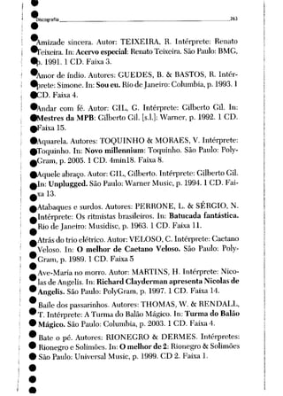 Discografia „ _ -z^3
amizade sincera. Autor: TEIXEIRA, R. Intérprete: Renato
•Teixeira. In: Acervo especial: Renato Teixeira. São Paulo: BMG,
•[). 1991. 1CD. Faixa 3.
•Amor de índio. Autores: GUEDES, B. &BASTOS, R. Intér
prete: Simone. In: Sou eu. Rio de Janeiro: Columbia, p. 1993.1
•CD. Faixa 4.
•Andar com fé. Autor: GIL, G. Intérprete: Gilberto Gil. In:
•Mestres da MPB: Gilberto Gil. [s.l.]: Warner, p. 1992. 1 CD.
0Faixa 15.
•Aquarela. Autores: TOQUINHO & MORAES, V. Intérprete:
^Toquinho. In: Novo millennium: Toquinho. São Paulo: Poly-
^Grarn, p. 2005. 1CD. 4minl8. Faixa 8.
^Aquele abraço. Autor: GIL, Gilberto. Intérprete: Gilberto Gil.
—hv. Unplugged. São Paulo: Warner Music, p. 1994.1 CD. Fai-
^xa 13.
^Atabaques esurdos. Autores: PERRONE, L. &SÉRGIO, N.
^Intérprete: Os ritmistas brasileiros. In: Batucada fantástica.
*Rio de Janeiro: Musidisc, p. 1963. 1CD. Faixa 11.
^Atrás do trio elétrico. Autor: VELOSO, C. Intérprete: Caetano
^Veloso. In: O melhor de Caetano Veloso. São Paulo: Poly-
•Gram, p. 1989. 1CD. Faixa 5
•
—Ave-Maria no morro. Autor: MARTINS, H. Intérprete: Nico
lasdeAngelis. In:RichardClayderman apresenta Nicolas de
•Angelis. São Paulo: PolyGram, p. 1997. 1CD. Faixa 14.
• Baile dos passarinhos. Autores: THOMAS, W. &RENDALL,
• T. Intérprete: ATurma do Balão Mágico. In: Turma do Balão
• Mágico. São Paulo: Columbia, p. 2003. 1CD. Faixa 4.
*Bate opé. Autores: RIONEGRO &DERMES. Intérpretes:
• Rionegro eSolimões. In: Omelhor de 2: Rionegro &Solimões
• São Paulo: Universal Music, p. 1999. CD 2. Faixa 1.
 
