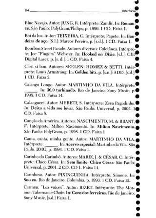 264 Referências
Blue Navajo. Autor: JUNG, R. Intérprete: Zamfir. In: Roman
ce. SãoPaulo: PolyGram/Philips, p. 1990. 1 CD. Faixa 1.
Boi dalua. Autor: TEIXEIRA, C.Intérprete: Papete. In: Ban
deira de aço. [S.l.]: Marcos Pereira, p. [s.d.]. 1 CD. Faixa 1.
Bourbon StreetParade. Autores diversos: Coletânea. Intérpre
te: Joe "Fingers" Webster. In: Hooked on Dixie. [s.l.]: CIE^
Digital Laser, p. [s. d.]. 1 CD. Faixa 4.
Cest si bon. Autores: SEELEN; HOMEZ & BETTI. Intér
prete: Louis Armstrong. In: Golden hits, p. [s.n.]: ADD, [s.d.].
1 CD. Faixa 2.
Calango Longo. Autor: MARTINHO DA VILA. Intérprete:
• In: 30,0 turbinado. Rio de Janeiro: Sony Music, p.
1998. 1 CD. Faixa 14.
Calangueei. Autor: MERETI, S. Intérprete: Zeca Pagodinho.
In: Deixa a vida me levar. São Paulo: Universal, p. 2002. 1
CD. Faixa 8.
Canção daAmérica. Autores: NASCIMENTO, M. &c BRANT,
F. Intérprete: Milton Nascimento. In: Milton Nascimento.
São Paulo: PolyGram, p. 1998. 1 CD. Faixa 1
Canta, canta, minha gente. Autor: MARTINHO DA VILA.
Intérprete: . In: Acervo especial: Martinho da Vila. São
Paulo: BMG, p. 1994. 1 CD. Faixa 1.
Carinho doCarimbo. Autores: MARIZ, J. &CÉSAR, C. Intér
prete: Chico César. In: Sem limite: Chico César. São Paulo:
Universal, p. 2001. 2 CD. CD 1. Faixa 14.
Carinhoso. Autor: PIXINGUINHA. Intérprete: Simone. In:
Sou eu. Rio de Janeiro: Columbia, p. 1993. 1 CD. Faixa 12.
Carmen: "Les voices". Autor: BIZET. Intérprete: The Mor-
mon Tabernacle Choir. In:Corodosferreiros. Rio deJaneiro:
Sony Music, [s.d.] Faixa 1.
 