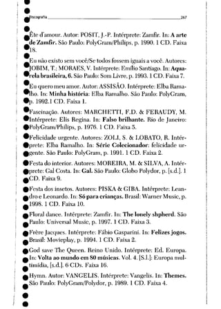 ^JJiscografia 267
•
^Ete damour. Autor: POSIT, J.-P. Intérprete: Zamfir. In: Aarte
Jde Zamfir. São Paulo: PolyGram/Philips, p. 1990. 1CD. Faixa
•l8.
AEu não existo sem você/Se todos fossem iguais a você. Autores:
•fOBIM, T.; MORAES, V. Intérprete: Emílio Santiago. In: Aqua
rela brasileira, 6. São Paulo: Som Livre, p. 1993.1 CD. Faixa 7.
Eu quero meuamor. Autor: ASSISÃO. Intérprete: ElbaRama-
^lho. In: Minha história: Elba Ramalho. São Paulo: PolyGram,
•p. 1992.1 CD. Faixai.
•Fascinação. Autores: MARCHETTI, F.D. &FERAUDY, M.
•intérprete: Elis Regina. In: Falso brilhante. Rio de Janeiro:
•PolyGram/Philips, p. 1976. 1 CD. Faixa 5.
•Felicidade urgente. Autores: ZOLI, S. &LOBATO, R. Intér-
•prete: Elba Ramalho. In: Série Colecionador: felicidade ur-
0gente. São Paulo: PolyGram, p. 1991. 1CD. Faixa 2.
•Festa do interior. Autores: MOREIRA, M. & SILVA,A. Intér-
0prete: GalCosta. In:Gal. São Paulo: Globo Polydor, p. [s.d.]. 1
0CD. Faixa 9.
0Festa dos insetos. Autores: PISKA & GIBA. Intérprete: Lean-
^dro eLeonardo. In: Só paracrianças. Brasil: Warner Music, p.
^1998. 1CD. Faixa 10.
^Floral dance. Intérprete: Zamfir. In: The lonelyshpherd. São
^Paulo: Universal Music, p. 1997. 1CD. Faixa 3.
^Frère Jacques. Intérprete: Fábio Gasparini. In: Felizes jogos.
^Brasil: Movieplay, p. 1994. 1CD. Faixa 2.
0God save The Queen. Reino Unido. Intérprete: Ed. Europa.
a In: Volta ao mundo em 80 músicas. Vol. 4. [S.l.]: Europa mul-
_ timídia, [s.d.]. 6 CDs. Faixa 16.
^Hymn. Autor: VANGELIS. Intérprete: Vangelis. In: Themes.
-São Paulo: PolyGram/Polydor, p. 1989. 1 CD. Faixa 4.
 
