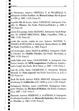 ^liscografia 269
•
—La Montanara. Autores: ORTELLI, T. & PIGARELLI, L.
^ntérprete: Golden Panflute. In: Horea Crishan. Rio deJanei
ro: CID, p. 1991. 1CD. Faixa14.
^__a petite filie deIa mer. Autor: VANGELIS. Intérprete: Van-
-gelis. In: Themes. São Paulo: PolyGram/Polydor, p. 1989. 1
*CD. Faixa 12.
^Lascia ch'io pianga. Autor: HANDEL. Intérprete: Sarah Brigt-
*man. In: SARAH BRIGTMAN. Éden. Guarulhos: EMI, p.
•l999. 1CD. Faixa 12.
^Lenda das sereias, rainha do mar. Autores: MATTOS, V.;
DINOEL&VELLOSO, A. Intérprete: Marisa Monte. In: MM.
•sãoPaulo: Emi/Odeon, p. 1988. Faixa 8.
^Let'stwistagain. Autor: MANN &APPELL. Intérprete: Chub
by Checker. In: Chubby Checker. São Paulo: Movieplay, p.
•l994. 1CD. Faixa 2.
^Lindo balão azul. Autor: GUILHERME, A. Intérprete: Gui
lherme Arantes. In: MPB compositores: Guilherme Arantes -
•Lance Legal. São Paulo: RCA Victor, p. 1997. 1CD. Faixa 1.
^Luar do sertão. Autor: CEARENSE, C. Intérprete: Roberta
Miranda. In: Tieta especial. São Paulo: Som Livre, p. [s.d.]. 1
•cD. Faixa 14.
mMack The Knife. Autores: WEIL; BRECHT. Intérprete: Louis
•Armstrong. In: Goldenhits. [S.l.]: ADD, p. [s.d.]. 1CD. Faixa9.
^Madagascar Olodum. Autor: LAZINHO. Madagascar Intér
prete: Olodum. In: The bestofOlodum. São Paulo: Continen
tal, p. 1997. 1CD. Faixai.
•
^Maracatu. Autores: PERRONE, L. &SÉRGIO, N. Intérprete:
_ Os ritmistas brasileiros. In: Batucada fantástica. Rio de Janei-
•ro: Musidisc, p. 1963. 1CD. Faixa 8.
 
