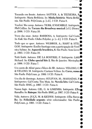 274 Referência:
Tocando em frente. Autores: SATTER. A. & TEIXEIRA, R,
Intérprete: Maria Bethânia. In: Minha história: Maria Bethâ
nia. São Paulo: PolyGram, p. [s.d.]. 1 CD. Faixa 8.
Trashin' the camp. Autores:TERK; ENSEMBLE. Intérprete
PhilCollins. In: Tarzan: the Broadway musical, [s.l.]: Disney
p. 2006. 1 CD. Faixa 10.
Trem das onze. Autor: BARBOSA, A. Intérprete: Gal Costa
In: Gal. São Paulo: Globo Polydor, p. [s. d.]. 1 CD. Faixa 8.
Tudo que se quer. Autores: WEBBER, A.; HART & STIL-
GOE. Intérprete: Emílio Santiago com a participação de Verô
nica Sabino. In: Aquarela brasileira, 6. São Paulo: Som Livre
p. 1993. 1 CD. Faixa 10.
Tutti frutti. Autores: DE LA BOSTRIE; P. Intérprete: Little*
Richard. In: Globo special hits 2. Rio de Janeiro: Movieplay
p. 1996. 1 CD. Faixa 7.
Um canto de Afoxé para o bloco do Ilê. Autores: VELOSO, C
& VELOSO, M. Intérprete: Caetano Veloso. In: Cores, nome
São Paulo: PolyGram, p. 1989. 1 CD. Faixa 6.
Um dia de domingo. Autores: SULIVAN, M.; MASSADAS, P
Intérpretes: Gal Costa; Tim Maia. In: Novela hits: Gal Costa
São Paulo: BMG, p. 1997. 1 CD. Faixa 4.
Vamos fugir. Autores: GIL, G. & LIMINHA. Intérprete: Elba
Ramalho. In:Baioque. SãoPaulo: BMG,p. 1997.1CD. Faixa: 6.
Vida. Autores: JUCÁ, M. &KEDYH. Intérprete: ElbaRama
lho. In: Felicidade urgente: série colecionador. São Paulo:
PolyGram, p. 1991. 1 CD. Faixa 1.
 