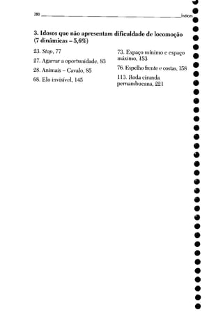 280
.índices.
3. Idosos que não apresentam dificuldade delocomoção
(7 dinâmicas - 5,6%)
23. Stop, 77
27. Agarrar a oportunidade, 83
28. Animais - Cavalo, 85
68. Elo invisível, 145
73. Espaço mínimo e espaço
máximo, 153
76. Espelho frente e costas, 158
113. Roda ciranda
pernambucana, 221
 