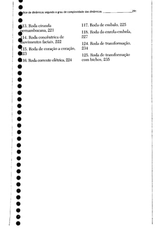 fcdice dedinâmicas segundo ograu decomplexidade das dinâmicas _ . . _291
^13. Roda ciranda 117. Roda de embalo, 225
pernambucana, 221 U8 Ro(kdo enroIa-emboIa,
414. Roda concêntrica de 227
.ovimentos faciais, 222 m Roda detransformação,
™15. Roda de coração acoração, 234
23 125. Roda de transformação
16.Rodacorrente elétrica,224 com bichos, 235
 