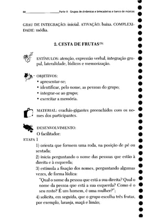 44 Parte II - Gruposde dinâmicase brincadeiras e banco de músicas
GRAU DE INTEGRAÇÃO: inicial. ATIVAÇÃO: baixa. COMPLEXI
DADE: média.
2. CESTA DE FRUTASw
f ESTÍMULOS: atenção, expressão verbal, integração gru
pai, lateralidade, lúdicos e memorização.
ç OBJETIVOS:
• apresentar-se;
• identificar, pelo nome, as pessoas do grupo;
• integrar-se ao grupo;
• exercitar a memória.
MATERIAL: crachás-gigantes preenchidos com os no
mes dos participantes.
DESENVOLVIMENTO:
O facilitador:
ETAPA 1
1) orienta que formem uma roda, na posição de pé ou
sentada;
2) inicia perguntando o nome das pessoas que estão à
direita e à esquerda;
3) estimula a fixação dos nomes, perguntando algumas
vezes, de forma lúdica:
"Qualo nomeda pessoaque está a sua direita? Qualo
nome da pessoa que está a sua esquerda? Como é o
seu rosto? É um homem, é uma mulher?";
4) solicita, em seguida, que o grupo escolha três frutas,
por exemplo, laranja, maçã e limão;
 