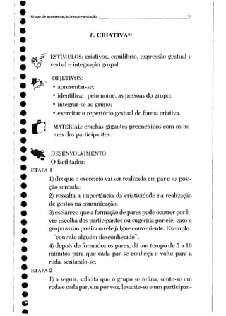 Grupo de apresentação/reapresentação
í?
6. CRIATIVA1*
ESTÍMULOS: criativos, equilíbrio, expressão gestual e
^Jp verbal e integração grupai.
OBJETIVOS:
^" • apresentar-se;
• identificar, pelo nome, as pessoas do grupo;
• integrar-se ao grupo;
• exercitar o repertório gestual de forma criativa.
MATERIAL: crachás-gigantes preenchidos com os no
mes dos participantes.
DESENVOLVIMENTO:
O facilitador:
ETAPA 1
1)diz que o exercício vai ser realizado em par e na posi
ção sentada;
2) ressalta a importância da criatividade na realização
de gestos na comunicação;
3)esclarece que a formação de pares pode ocorrer por li
vre escolha dos participantes ou sugerida por ele, caso o
grupo assim prefira ou ele julgue conveniente. Exemplo:
"convide alguém desconhecido";
4) depois de formados os pares, dá um tempo de 5 a 10
minutos para que cada par se conheça e volte para a
roda, sentando-se.
ETAPA 2
1) a seguir, solicita que o grupo se reúna, sente-se em
roda e cada par, um por vez, levante-se e um participan-
 