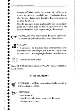 Grupo de apresentação/reapresentação 57
suas preferências, e assim sucessivamente, até todos te
rem se apresentado e revelado suas preferências. Exem
plo: "Eu sou Clauss, gosto de milho, de queijo mineiro e
de doce de leite!";
5) pede que, caso algum participante não tenha algum
gosto em comum com os demais, apresente-se e cite
suas preferências, após a apresentação dos demais.
w PALAVRAS-CHAVE: importância do nome; preferênci
as em comum; alimentos; feira livre; brincadeira.
• VARIAÇÃO:
• • • «0 ambiente" da dinâmica pode ser modificado e/ou
contextualizado em relação, por exemplo, a uma fazen
da, uma escola, uma exposição de arte, uma discoteca.
X2 S>~ TIPO DE GRUPO: todos.
GRAU DE INTEGRAÇÃO: inicial. ATIVAÇÃO: baixa. COMPLEXI
DADE: média.
(?
10. EM FILEIRAS*"
ESTÍMULOS: equilíbrio, expressão gestual e verbal, in-
pí tegração grupai e olhar.
4-,- OBJETIVOS:
i • apresentar-se;
• identificar, pelo nome, as pessoas do grupo;
• integrar-se ao grupo.
 