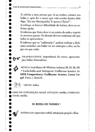 Grupode apresentação/reapresentação „ __^ ____ 71
3) solicitaa uma pessoa que vá ao centro, estoure seu
balão e, após ler o nome que está escrito dentro dele
diga: "Eu sou Moniquinha! E quem é Zaira?";
4) reforça: se houver dificuldade de leitura, deve-se so
licitar ajuda;
5)informa que Zaíradeve ir aocentroda rodae repetir
os mesmos passos. Os demais devem continuar até que
todos se apresentem;
6) informa que os "cadeirantes" podem realizar a dinâ
mica sentados; um balão vai ser entregue a eles, no lu
gar em que estão.
.0 PALAVRAS-CHAVE: importância do nome; apresenta
ção; balão; brincadeira.
MÚSICA: (veja Banco de Músicas: músicas 30,33,36,39)
Lindo balão azul. Intérprete: Guilherme Arantes. In:
MPB Compositores: Guilherme Arantes. Lance Le
gal. Faixa 1. 2min31.
'^TT^' GRUPO: todos.
GRAU DE INTEGRAÇÃO: inicial. ATIVAÇÃO: média. COMPLEXI
DADE: média.
#:
19. RODA DE NOMES1)
ESTÍMULOS: expressão verbal, integração grupai e olhar.
 