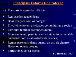 Principais Fatores De Proteção
2) Pessoais – segunda infância:
· Realizações acadêmicas;
· Boas relações com os colegas;
· Envolvimento em atividades comunitárias e sociais;
· Estrutura familiar recompensadora;
· Monitoramento parental e envolvimento parental de
qualidade com as atividades da criança;
· Regras parentais claras quanto ao uso de cigarro,
álcool ou outras drogas;
· Fortes vínculos na escola.
J D Hawkins(1992)
 