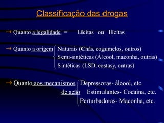 Classificação das drogas
® Quanto a legalidade = Lícitas ou Ilícitas
® Quanto a origem Naturais (Chás, cogumelos, outros)
Semi-sintéticas (Álcool, maconha, outras)
Sintéticas (LSD, ecstasy, outras)
® Quanto aos mecanismos Depressoras- álcool, etc.
de ação Estimulantes- Cocaína, etc.
Perturbadoras- Maconha, etc.
 
