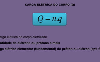 CARGA ELÉTRICA DO CORPO (Q) Q =  A carga elétrica do corpo eletrizado  n = quantidade de elétrons ou prótons a mais  q =  carga elétrica elementar (fundamental) do próton ou elétron (q=1,6x10 -19  C).  