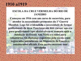 1910 a1919 ESCOLA DA CRUZ VERMELHA DO RIO DE JANEIRO Começou em 1916 com um curso de socorrista, para atender às necessidades prementes da 1ª Guerra Mundial. Logo foi evidenciada a necessidade de formar profissionais da área. Funcionavam dois cursos: um era para profissionais (que desenvolveu-se somente após a fundação da Escola Ana Néri) e o outro para voluntários. Os diplomas expedidos pela escola eram registrados inicialmente no Ministério da Guerra e considerados oficiais. Esta escola encerrou suas atividades 