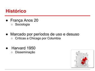 Histórico
● França Anos 20
○ Sociologia
● Marcado por períodos de uso e desuso
○ Críticas a Chicago por Columbia
● Harvard 1950
○ Disseminação
 