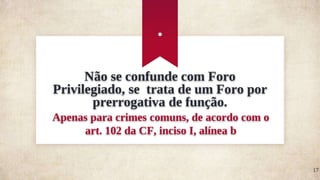 Não se confunde com Foro
Privilegiado, se trata de um Foro por
prerrogativa de função.
Apenas para crimes comuns, de acordo com o
art. 102 da CF, inciso I, alínea b
.
17
 