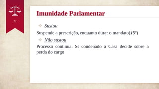 Imunidade Parlamentar
❖ Sustou
Suspende a prescrição, enquanto durar o mandato(§5º)
❖ Não sustou
Processo continua. Se condenado a Casa decide sobre a
perda do cargo
22
 