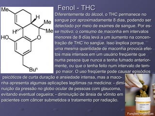 Fenol - THC Diferentemente do álcool, o THC permanece no  sangue por aproximadamente 8 dias, podendo ser  detectado por meio de exames de sangue. Por es- se motivo, o consumo de maconha em intervalos  menores de 8 dias leva a um aumento na concen- tração de THC no sangue. Isso explica porque  uma mesma quantidade de maconha provoca efei- tos mais intensos em um usuário freqüente que  numa pessoa que nunca a tenha fumado anterior- mente, ou que o tenha feito num intervalo de tem- po maior. O uso freqüente pode causar episódios psicóticos de curta duração e ansiedade intensa, mas a maco- nha apresenta algumas aplicações legítimas na medicina: - dimi- nuição da pressão no globo ocular de pessoas com glaucoma,  evitando eventual cegueira; - diminuição de ânsia de vômito em  pacientes com câncer submetidos a tratamento por radiação. Funções Orgânicas 