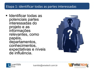  Identificar todas as
potenciais partes
interessadas do
projeto e as
informações
relevantes, como
papéis,
departamentos,
conhecimentos,
expectativas e níveis
de influência.
Etapa 1: identificar todas as partes interessadas
luanildo@wisetech.com.br
 