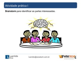Atividade prática I
Brainstorm para identificar as partes interessadas.
luanildo@wisetech.com.br
 