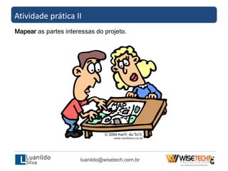 Atividade prática II
Mapear as partes interessas do projeto.
luanildo@wisetech.com.br
 