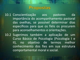 10.1 Conscientização aos pastores da
importância do acompanhamento pastoral
das ovelhas, se possível determinar dias
específicos para que os fiéis os procurem
para aconselhamentos e orientações.
10.2 Sugerimos também a aplicação de um
Curso Básico de Psicologia (Psicologia I e
II), no objetivo de termos melhor
conhecimento dos fies em sua estrutura
comportamental moral e social.
 