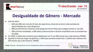 Trabalhando com TI
por Camilla G.
● Vale do silicio
○ 66% das 200 com mais de 10 anos de experiencia, disseram ja terem sido excluidas de
oportunidades por causa do genero
○ 88% ja enfrentaram situacoes onde perguntas foram feitas para colegas homens e nao elas
○ 60% ja foram assediadas, e 60% delas ja denunciaram e ficaram insatisfeita com as providencias
tomadas
● Em 2010, o salário das mulheres que trabalhavam em TI era 34% menor que o dos homens.(PNAD)
● Quando se trata de cargos de gerência, a diferença aumenta ainda mais: o salário das mulheres fica
65% menor que o dos homens. (PNAD)
Desigualdade de Gênero - Mercado
Fonte: Gizmodo - http://gizmodo.uol.com.br/especial-a-mulher-no-mercado-de-tecnologia/
 