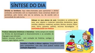 Oriente os familiares: faça vídeo-chamadas para apresentar e alinhar
conteúdos combinados com os responsáveis. Essas conversas devem ser
periódicas, pelo menos uma vez na semana, ou, de acordo com a
necessidade de cada turma.
Produza videoaulas dinâmicas e interativas: tenha sempre em mente
os Direitos de Aprendizagem e Desenvolvimento e as conexões de
linguagens que articulam
Explore recursos virtuais com contação de histórias, cantigas e
músicas, jogos digitais, outros
Incentive a família a efetuar registros, fotográficos/vídeos
para compartilhar, com eles você poderá realizar uma
avaliação diagnóstica
SÍNTESE DO DIA
Adeque os seus planos de aula: Considere os ambiente da
casa, seus objetos e materiais (utensílios domésticos, água,
comidas, plásticos, madeiras), quintais, (bichos, árvores, flores,
areia, barro, gravetos, pedras), recursos tecnológicos e
DISPONIBILIDADE DA FAMÍLIA
 