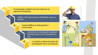 a
b
c
d
O empregado também terá que observar as
seguintes obrigações:
utilizar o EPI apenas para a finalidade a que se
destina
responsabilizar-se pela guarda e
conservação
comunicar ao empregador qualquer
alteração que o torne impróprio ao
uso
e cumprir as determinações do
empregador sob o uso pessoal.
 