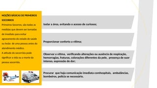 NOÇÕES BÁSICAS DE PRIMEIROS
SOCORROS
Primeiros Socorros, são todas as
medidas que devem ser tomadas
de imediato para evitar
agravamento do estado de saúde
ou lesão de uma pessoa antes do
atendimento médico.
A atitude do socorrista pode
significar a vida ou a morte da
pessoa socorrida.
Isolar a área, evitando o acesso de curiosos;
Proporcionar conforto a vítima;
Observar a vítima, verificando alterações ou ausência de respiração,
hemorragias, fraturas, colorações diferentes da pele, presença de suor
intenso, expressão de dor;
Procurar que haja comunicação imediata comhospitais, ambulâncias,
bombeiros, polícia se necessário.
 