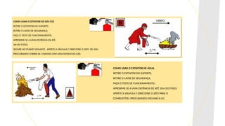 COMO USAR O EXTINTOR DE GÁS CO2
RETIRE O EXTINTOR DO SUPORTE;
RETIRE O LACRE DE SEGURANÇA;
FAÇA O TESTE DE FUNCIONAMENTO;
APROXIME-SE A UMA DISTÂNCIA DE ATÉ
3m DO FOGO;
SEGURE NO PUNHO ISOLANTE, APERTE A VÁLVULA E DIRECIONE O JATO DE GÁS,
PROCURANDO COBRIR AS CHAMAS COM UMA NÚVEM DO GÁS.
COMO USAR O EXTINTOR DE ÁGUA
RETIRE O EXTINTOR DO SUPORTE;
RETIRE O LACRE DE SEGURANÇA;
FAÇA O TESTE DE FUNCIONAMENTO;
APROXIME-SE A UMA DISTÂNCIA DE ATÉ 10m DO FOGO;
APERTE A VÁLVULA E DIRECIONE O JATO PARA O
COMBUSTÍVEL PROCURANDO ENCHARCA-LO.
 