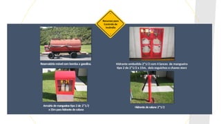 Recursos para
Controle de
Incêndio
Reservatório móvel com bomba a gasolina.
Armário demangueirastipo 2 de 2”1/2
x15mpara hidrante decoluna
Hidrante embutido 2”1/2 com 4 lances de mangueira
tipo 2 de 2”1/2 x 15m, dois esguichos e chaves storz
Hidrante de coluna 2”1/2
 