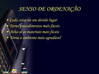SENSO DE ORDENAÇÃO Cada coisa no seu devido lugar Torna procedimentos mais fáceis  Acha-se os materiais mais fáceis Torna o ambiente mais agradável 