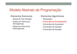 Modelo Abstrato de Programação
• Elementos Estruturais
• Dados de Tipo Simples
• Dados em Estruturas
Homogêneas
• Dados em Estruturas
Heterogêneas
• Elementos Algorítmicos
• Declaração
• Comandos de Entrada/Saída
• Comandos de Expressão
• Comandos de Decisão
• Comandos de Iteração
 