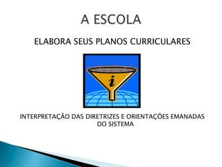 ELABORA SEUS PLANOS CURRICULARES




INTERPRETAÇÃO DAS DIRETRIZES E ORIENTAÇÕES EMANADAS
                     DO SISTEMA
 