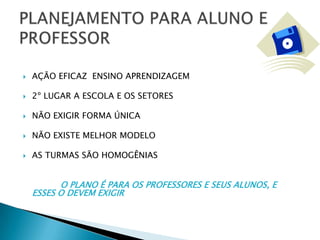    AÇÃO EFICAZ ENSINO APRENDIZAGEM

   2º LUGAR A ESCOLA E OS SETORES

   NÃO EXIGIR FORMA ÚNICA

   NÃO EXISTE MELHOR MODELO

   AS TURMAS SÃO HOMOGÊNIAS


          O PLANO É PARA OS PROFESSORES E SEUS ALUNOS, E
    ESSES O DEVEM EXIGIR
 