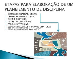    ESTUDAR E ANALISAR ETAPAS
   CONHECER O PÚBLICO ALVO
   DEFINIR OBJETIVOS
   DELIMITAR CONTEÚDOS
   ESCOLHER TÉCNICAS
   ESCOLHER RECURSOS HUMANOS E MATERIAIS
   ESCOLHER METODOS AVALIATIVOS
 