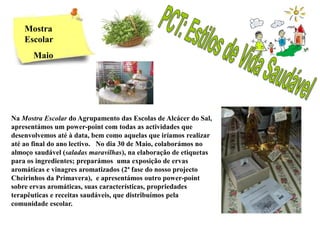 Mostra
    Escolar
       Maio




Na Mostra Escolar do Agrupamento das Escolas de Alcácer do Sal,
apresentámos um power-point com todas as actividades que
desenvolvemos até à data, bem como aquelas que iríamos realizar
até ao final do ano lectivo. No dia 30 de Maio, colaborámos no
almoço saudável (saladas maravilhas), na elaboração de etiquetas
para os ingredientes; preparámos uma exposição de ervas
aromáticas e vinagres aromatizados (2ª fase do nosso projecto
Cheirinhos da Primavera), e apresentámos outro power-point
sobre ervas aromáticas, suas características, propriedades
terapêuticas e receitas saudáveis, que distribuímos pela
comunidade escolar.
 