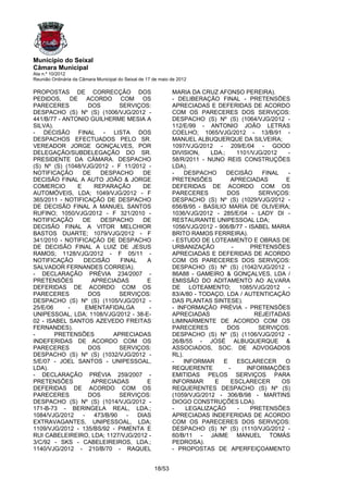 Município do Seixal
Câmara Municipal
Ata n.º 10/2012
Reunião Ordinária da Câmara Municipal do Seixal de 17 de maio de 2012

PROPOSTAS DE CORRECÇÃO DOS                                    MARIA DA CRUZ AFONSO PEREIRA).
PEDIDOS, DE ACORDO COM OS                                     - DELIBERAÇÃO FINAL - PRETENSÕES
PARECERES           DOS        SERVIÇOS:                      APRECIADAS E DEFERIDAS DE ACORDO
DESPACHO (S) Nº (S) (1006/VJG/2012 -                          COM OS PARECERES DOS SERVIÇOS:
441/B/77 - ANTONIO GUILHERME MESIA A                          DESPACHO (S) Nº (S) (1064/VJG/2012 -
SILVA).                                                       112/E/99 - ANTONIO JOÃO LETRAS
- DECISÃO FINAL - LISTA DOS                                   COELHO; 1065/VJG/2012 - 13/B/91 -
DESPACHOS EFECTUADOS PELO SR.                                 MANUEL ALBUQUERQUE DA SILVEIRA;
VEREADOR JORGE GONÇALVES, POR                                 1097/VJG/2012 - 209/E/04 - GOOD
DELEGAÇÃO/SUBDELEGAÇÃO DO SR.                                 DIVISION,    LDA.;      1101/VJG/2012   -
PRESIDENTE DA CÂMARA. DESPACHO                                58/R/2011 - NUNO REIS CONSTRUÇÕES
(S) Nº (S) (1048/VJG/2012 - F 11/2012 -                       LDA).
NOTIFICAÇÃO      DE     DESPACHO       DE                     -    DESPACHO      DECISÃO      FINAL   -
DECISÃO FINAL A AUTO JOÃO & JORGE                             PRETENSÕES           APRECIADAS        E
COMERCIO       E      REPARAÇÃO        DE                     DEFERIDAS DE ACORDO COM OS
AUTOMÓVEIS, LDA; 1049/VJG/2012 - F                            PARECERES          DOS         SERVIÇOS:
365/2011 - NOTIFICAÇÃO DE DESPACHO                            DESPACHO (S) Nº (S) (1029/VJG/2012 -
DE DECISÃO FINAL A MANUEL SANTOS                              656/B/95 - BASILIO MARIA DE OLIVEIRA;
RUFINO; 1050/VJG/2012 - F 321/2010 -                          1036/VJG/2012 - 285/E/04 - LADY DI -
NOTIFICAÇÃO      DE     DESPACHO       DE                     RESTAURANTE UNIPESSOAL LDA;
DECISÃO FINAL A VITOR MELCHIOR                                1056/VJG/2012 - 906/B/77 - ISABEL MARIA
BASTOS DUARTE; 1079/VJG/2012 - F                              BRITO RAMOS FERREIRA).
341/2010 - NOTIFICAÇÃO DE DESPACHO                            - ESTUDO DE LOTEAMENTO E OBRAS DE
DE DECISÃO FINAL A LUIZ DE JESUS                              URBANIZAÇÃO           -     PRETENSÕES
RAMOS; 1128/VJG/2012 - F 05/11 -                              APRECIADAS E DEFERIDAS DE ACORDO
NOTIFICAÇÃO      DECISÃO       FINAL    A                     COM OS PARECERES DOS SERVIÇOS:
SALVADOR FERNANDES CORREIA).                                  DESPACHO (S) Nº (S) (1042/VJG/2012 -
- DECLARAÇÃO PRÉVIA 234/2007 -                                86A88 - GAMEIRO & GONÇALVES, LDA /
PRETENSÕES           APRECIADAS         E                     EMISSÃO DO ADITAMENTO AO ALVARA
DEFERIDAS DE ACORDO COM OS                                    DE LOTEAMENTO; 1085/VJG/2012 -
PARECERES           DOS        SERVIÇOS:                      83/A/80 - TODAÇO, LDA / AUTENTICAÇÃO
DESPACHO (S) Nº (S) (1105/VJG/2012 -                          DAS PLANTAS SINTESE).
25/E/06     -      EMENTAFIDALGA         -                    - INFORMAÇÃO PRÉVIA - PRETENSÕES
UNIPESSOAL, LDA; 1108/VJG/2012 - 38-E-                        APRECIADAS                    REJEITADAS
02 - ISABEL SANTOS AZEVEDO FREITAS                            LIMINARMENTE DE ACORDO COM OS
FERNANDES).                                                   PARECERES          DOS         SERVIÇOS:
-       PRETENSÕES           APRECIADAS                       DESPACHO (S) Nº (S) (1106/VJG/2012 -
INDEFERIDAS DE ACORDO COM OS                                  26/B/55 - JOSÉ ALBUQUERQUE &
PARECERES           DOS        SERVIÇOS:                      ASSOCIADOS, SOC. DE ADVOGADOS
DESPACHO (S) Nº (S) (1032/VJG/2012 -                          RL).
5/E/07 - JOEL SANTOS - UNIPESSOAL,                            -    INFORMAR    E      ESCLARECER     O
LDA).                                                         REQUERENTE          -      INFORMAÇÕES
- DECLARAÇÃO PRÉVIA 259/2007 -                                EMITIDAS PELOS SERVIÇOS PARA
PRETENSÕES           APRECIADAS         E                     INFORMAR      E      ESCLARECER       OS
DEFERIDAS DE ACORDO COM OS                                    REQUERENTES DESPACHO (S) Nº (S)
PARECERES           DOS        SERVIÇOS:                      (1059/VJG/2012 - 306/B/98 - MARTINS
DESPACHO (S) Nº (S) (1014/VJG/2012 -                          DIOGO CONSTRUÇÕES LDA).
171-B-73 - BERINGELA REAL, LDA.;                              -     LEGALIZAÇÃO       -   PRETENSÕES
1084/VJG/2012    -    473/B/90   -   DIAS                     APRECIADAS INDEFERIDAS DE ACORDO
EXTRAVAGANTES, UNIPESSOAL, LDA;                               COM OS PARECERES DOS SERVIÇOS:
1109/VJG/2012 - 135/BS/92 - PIMENTA E                         DESPACHO (S) Nº (S) (1110/VJG/2012 -
RUI CABELEIREIRO, LDA; 1127/VJG/2012 -                        60/B/11 - JAIME MANUEL TOMÁS
3/C/92 - SKS - CABELEIREIROS, LDA.;                           PEDROSA).
1140/VJG/2012 - 210/B/70 - RAQUEL                             - PROPOSTAS DE APERFEIÇOAMENTO


                                                      18/53
 