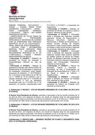 Município do Seixal
Câmara Municipal
Ata n.º 10/2012
Reunião Ordinária da Câmara Municipal do Seixal de 17 de maio de 2012

RIBEIRO FERREIRA; 1091/VJG/2012 -                             01/11/2011 a 31/12/2011, e arquivados em
33/R/08 - SUSANA MARIA FILIPE                                 pasta anexa.
GUERREIRO; 1102/VJG/2012 - 16/R/95 -                            Informação nº 216/2012 – Relatório de
FILIPE       FAZENDEIRO          SERRANO;                     atividades da Divisão de Logística e Apoio a
1112/VJG/2012 - 79/B/10 - RUI PEDRO                           Eventos, referente ao mês de abril.
PROENÇA DE CASTRO).                                             Informação nº 217/2012 – Informação
- SUBSTITUIÇÃO DE TELAS FINAIS DE                             sobre a atividade das seguintes unidades
ARQUITECTURA           -     PRETENSÕES                       orgânicas: Divisão de Equipamentos e
APRECIADAS E DEFERIDAS DE ACORDO                              Recursos       Educativos;    Gabinete    de
COM OS PARECERES DOS SERVIÇOS:                                Planeamento e Gestão de Equipamentos e
DESPACHO (S) Nº (S) (1031/VJG/2012 -                          Parque Escolar; Divisão de Projetos
6/B/46 - EMILIO DE JESUS FERNANDES).                          Educativos e Ação Social Escolar; Gabinete
- VISTORIA FINAL - INFORMAÇÕES                                de Gestão e Ação Social Escolar e Gabinete
EMITIDAS PELOS SERVIÇOS PARA                                  da Juventude, referente ao mês de abril.
INFORMAR        E     ESCLARECER         OS                     Informação nº 218/2012 – Informação
REQUERENTES DESPACHO (S) Nº (S)                               sobre a atividade das seguintes unidades
(1136/VJG/2012 - 145/B/95 - MANUEL                            orgânicas: Divisão Ação Cultural; Gabinete
MARIA BARREIRO DA NOVA).                                      de Gestão Cultural da Quinta da Fidalga;
  Informação nº 214/2012 – Relatório de                       Divisão de Biblioteca Municipal; Divisão de
atividades da Divisão de Ambiente e                           Património Histórico e Museus e Gabinete de
Sustentabilidade, referente ao mês de                         Gestão das Embarcações Tradicionais,
março.                                                        referente ao mês de abril.
  Informação nº 215/2012 - Relação de                           Informação nº 219/2012 – Pelouro da
despachos proferidos pelo Senhor Diretor do                   Educação,       Cultura   e    Juventude   –
Departamento de Conservação e Segurança                       Associação de Pais e Encarregados de
de Instalações, Engenheiro Jorge Didelet,                     Educação da Escola Básica do 1º Ciclo, nº 2
decorrente do despacho n.º 221-PCM/2011                       do Seixal e Jardim de Infância –
de 11 de março e para efeitos do art. 69º da                  Agradecimento.
Lei n.º 169/99 de 18 de setembro, com a                         Informação nº 220/2012 – Informação
redação atualizada pela Lei n.º 5-A/2002 de                   sobre a atividade do Pelouro da Proteção
11 de janeiro e com as alterações                             Civil, referente ao mês de abril.
introduzidas pela Lei nº 67/2007 de 31 de                       Informação nº 221/2012 – Relatório de
dezembro, no período compreendido entre                       atividades do Pelouro da Proteção Civil,
                                                              referente ao mês de abril.

2. Deliberação nº 093/2012 – ATA DA REUNIÃO ORDINÁRIA DE 12 DE ABRIL DE 2012 (ATA
Nº 07/2012).

O Senhor Vice-Presidente da Câmara, submeteu à aprovação a Ata da reunião ordinária de 12
de abril de 2012, com dispensa de leitura, em virtude do respetivo texto ter sido previamente
distribuído por todos os presentes, nos termos do disposto no art. 4º do Dec-Lei n.º 45362, de 21
de novembro de 1963, tendo a mesma sido aprovada por unanimidade e em minuta.

3. Deliberação nº 094/2012 – ATA DA REUNIÃO ORDINÁRIA DE 19 DE ABRIL DE 2012 (ATA
Nº 08/2012).

O Senhor Vice-Presidente da Câmara, submeteu à aprovação a Ata da reunião ordinária de 19
de abril de 2012, com dispensa de leitura, em virtude do respetivo texto ter sido previamente
distribuído por todos os presentes, nos termos do disposto no art. 4º do Dec-Lei n.º 45362, de 21
de novembro de 1963, tendo a mesma sido aprovada por unanimidade e em minuta.

4.Deliberação nº 095/2012-CMS – GRANDES OPÇÕES DO PLANO E ORÇAMENTO PARA
2012. 2ª ALTERAÇÃO. APROVAÇÃO.



                                                      21/53
 