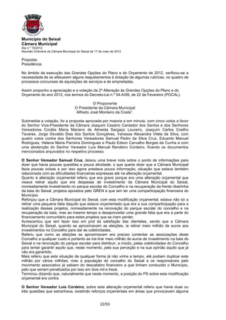 Município do Seixal
Câmara Municipal
Ata n.º 10/2012
Reunião Ordinária da Câmara Municipal do Seixal de 17 de maio de 2012

Proposta:
Presidência.

No âmbito da execução das Grandes Opções do Plano e do Orçamento de 2012, verificou-se a
necessidade de se efetuarem alguns reajustamentos à dotação de algumas rubricas, no quadro de
processos concursais de aquisições de serviços e de empreitadas.

Assim proponho a apreciação e a votação da 2ª Alteração às Grandes Opções do Plano e do
Orçamento do ano 2012, nos termos do Decreto-Lei n.º 54-A/99, de 22 de Fevereiro (POCAL).

                                              O Proponente
                                    O Presidente da Câmara Municipal
                                     Alfredo José Monteiro da Costa”.

Submetida a votação, foi a proposta aprovada por maioria e em minuta, com cinco votos a favor
do Senhor Vice-Presidente da Câmara Joaquim Cesário Cardador dos Santos e dos Senhores
Vereadores Corália Maria Mariano de Almeida Sargaço Loureiro, Joaquim Carlos Coelho
Tavares, Jorge Osvaldo Dias dos Santos Gonçalves, Vanessa Alexandra Vilela da Silva, com
quatro votos contra dos Senhores Vereadores Samuel Pedro da Silva Cruz, Eduardo Manuel
Rodrigues, Helena Maria Parreira Domingues e Paulo Edson Carvalho Borges da Cunha e com
uma abstenção do Senhor Vereador Luís Manuel Rendeiro Cordeiro, ficando os documentos
mencionados arquivados no respetivo processo.

O Senhor Vereador Samuel Cruz, deixou uma breve nota sobre o ponto de informações para
dizer que havia poucas questões e pouca atividade, o que queria dizer que a Câmara Municipal
fazia poucas coisas e por isso agora prestava pouca informação, situação que estava também
relacionada com as dificuldades financeiras expressas até na alteração orçamental.
Quanto à alteração orçamental referiu que era grave porque era uma alteração orçamental que
visava retirar aquilo que era despesas de investimento da Câmara Municipal do Seixal,
nomeadamente investimento no parque escolar do Concelho e na recuperação da frente ribeirinha
da baia do Seixal, projetos apoiados pelo QREN e que iam ter uma comparticipação financeira do
Município.
Reforçou que a Câmara Municipal do Seixal, com esta modificação orçamental, estava não só a
retirar uma pequena fatia daquilo que estava orçamentado que era a sua comparticipação para a
realização desses projetos, nomeadamente na renovação do parque escolar do concelho e na
recuperação da baia, mas ao mesmo tempo a desaproveitar uma grande fatia que era a parte do
financiamento comunitário para estes projetos que se iriam perder.
Acrescentou que iam fazer isso em prol da satisfação das clientelas, sendo que a Câmara
Municipal do Seixal, quando se aproximavam as eleições, ia retirar meio milhão de euros aos
investimentos no Concelho para dar às coletividades.
Referiu que como as eleições se aproximavam era preciso contentar as associações deste
Concelho a qualquer custo e portanto se iria tirar meio milhão de euros de investimento na baia do
Seixal e na renovação do parque escolar para distribuir, a miúdo, pelas coletividades do Concelho
para tentar garantir aquilo que, neste momento, pela sua perceção e na sua opinião aquilo que já
não era garantido.
Mais referiu que esta situação de qualquer forma já não vinha a tempo, até podiam duplicar este
milhão por vários milhões, mas a população do concelho do Seixal e os responsáveis pelo
movimento associativo já sabiam do descalabro financeiro a que tinham conduzido o Município,
pelo que seriam penalizados por isso em dois mil e treze.
Terminou dizendo que, naturalmente que neste momento, a posição do PS sobre esta modificação
orçamental era contra.

O Senhor Vereador Luís Cordeiro, sobre esta alteração orçamental referiu que havia duas ou
três questões que estranhava, existindo reforços orçamentais em áreas que provocavam alguma


                                                      22/53
 