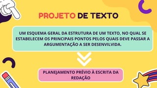 UM ESQUEMA GERAL DA ESTRUTURA DE UM TEXTO, NO QUAL SE
ESTABELECEM OS PRINCIPAIS PONTOS PELOS QUAIS DEVE PASSAR A
ARGUMENTAÇÃO A SER DESENVILVIDA.
PROJETO DE TEXTO
PLANEJAMENTO PRÉVIO À ESCRITA DA
REDAÇÃO
 
