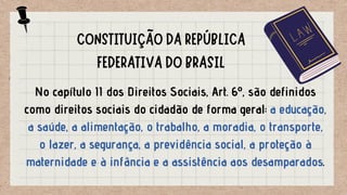 CONSTITUIÇÃO DA REPÚBLICA
FEDERATIVA DO BRASIL
No capítulo II dos Direitos Sociais, Art. 6º, são definidos
como direitos sociais do cidadão de forma geral: a educação,
a saúde, a alimentação, o trabalho, a moradia, o transporte,
o lazer, a segurança, a previdência social, a proteção à
maternidade e à infância e a assistência aos desamparados.
 