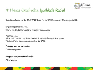 Evento realizado no dia 29/09/2015, às 9h, no CAIS Centro, em Florianópolis, SC.
Organização facilitadora:
ICom – Instituto Comunitário Grande Florianópolis
Facilitadores:
Aline Zeli Venturi, coordenadora administrativa financeira do ICom.
Mariane Maier Nunes, coordenadora do CAIS
Assessora de comunicação:
Carine Bergmann
Responsável por este relatório:
Aline Venturi
4º Mesas Quadradas: Igualdade Racial
 