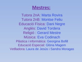Mestres:
Tutora 2nA: Marta Rovira
Tutora 2nB: Montse Feliu
Educació Física: Dani Negre
Anglès: David Tordera
Religió : Gerard Mestre
Música: Eva Codinach
Plàstica i informàtica: Georgina Bofill
Educació Especial: Glòria Magem
Vetlladora: Laura de Jesús i Sandra Moragas
 