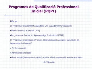 Oferta: a)  Programes directament organitzats  pel Departament d'Educació  : Pla de Transició al Treball (PTT) Programes de Formació i Aprenentatge Professional (FIAP) b)  Programes  organitzats  per altres administracions i entitats   i  autoritzats pel Departament d'Educació  :  Centres docents Administracions locals Altres entitats/centres de formació: Centre Tècnic Automoció/ Escola Hostaleria  de Vilamalla Programes de Qualificació Professional Inicial (PQPI) 