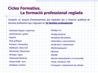 Cicles Formatius.  La formació professional reglada Comprèn un conjunt d’ensenyaments que capaciten per a l’exercici qualificat de diverses professions que s’agrupen en  22 famílies professionals Activitats físiques i esportives Administració i gestió Agrària Arts gràfiques Comerç i màrqueting Edificació i Obra Civil Electricitat i Electrònica Energia i aigua Fabricació Mecànica Fusta,moble i suro Hoteleria i turisme Imatge i so Imatge personal Indústries alimentàries Informàtica i comunicacions Instal·lació i manteniment Marítimopesquera Química Sanitat Serveis Socioculturals i a la comunitat Tèxtil, Confecció i Pell Transports i manteniment de vehicles 