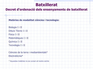 Matèries de modalitat ciències i tecnologia: Biologia I i II Dibuix Tècnic I i II Física I i II Matemàtiques I i II Química I i II Tecnologia I i II Ciències de la terra i mediambientals* Electrotècnia* *  Aquestes matèries no es cursen al nostre centre Batxillerat Decret d’ordenació dels ensenyaments de batxillerat   