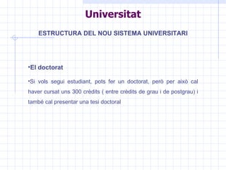 ESTRUCTURA DEL NOU SISTEMA UNIVERSITARI El doctorat Si vols segui estudiant, pots fer un doctorat, però per això cal haver cursat uns 300 crèdits ( entre crèdits de grau i de postgrau) i també cal presentar una tesi doctoral Universitat 